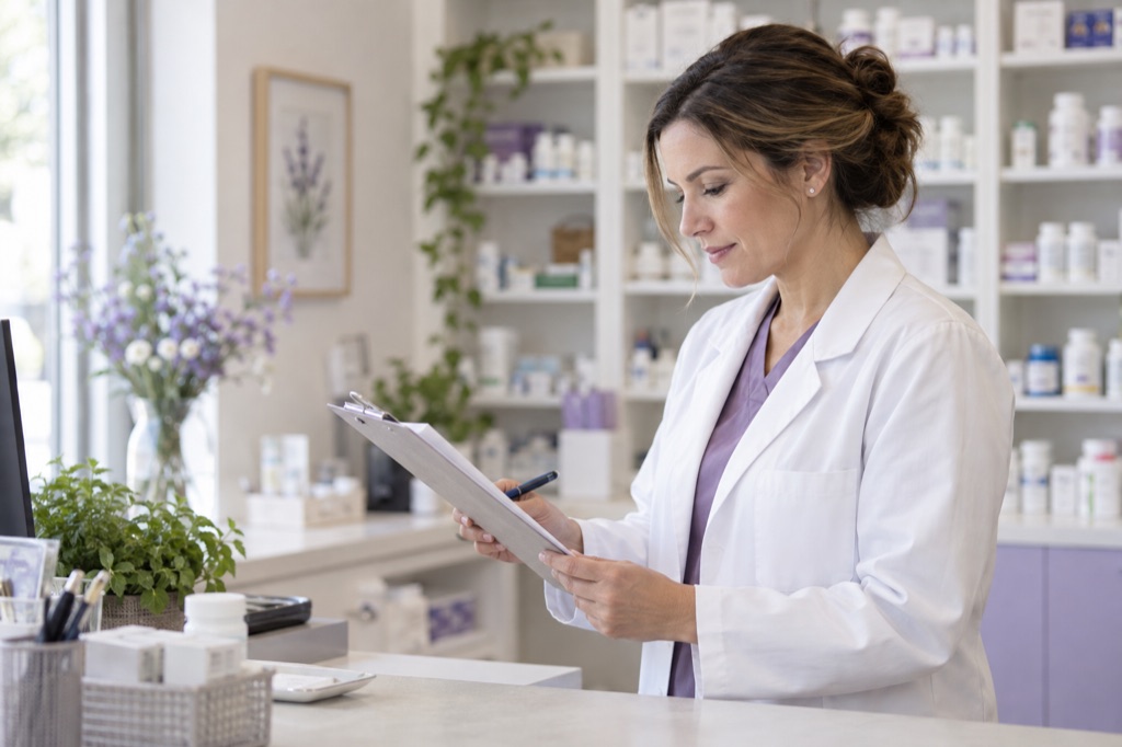 Pharmacist reviewing a facility checklist in a bright practice